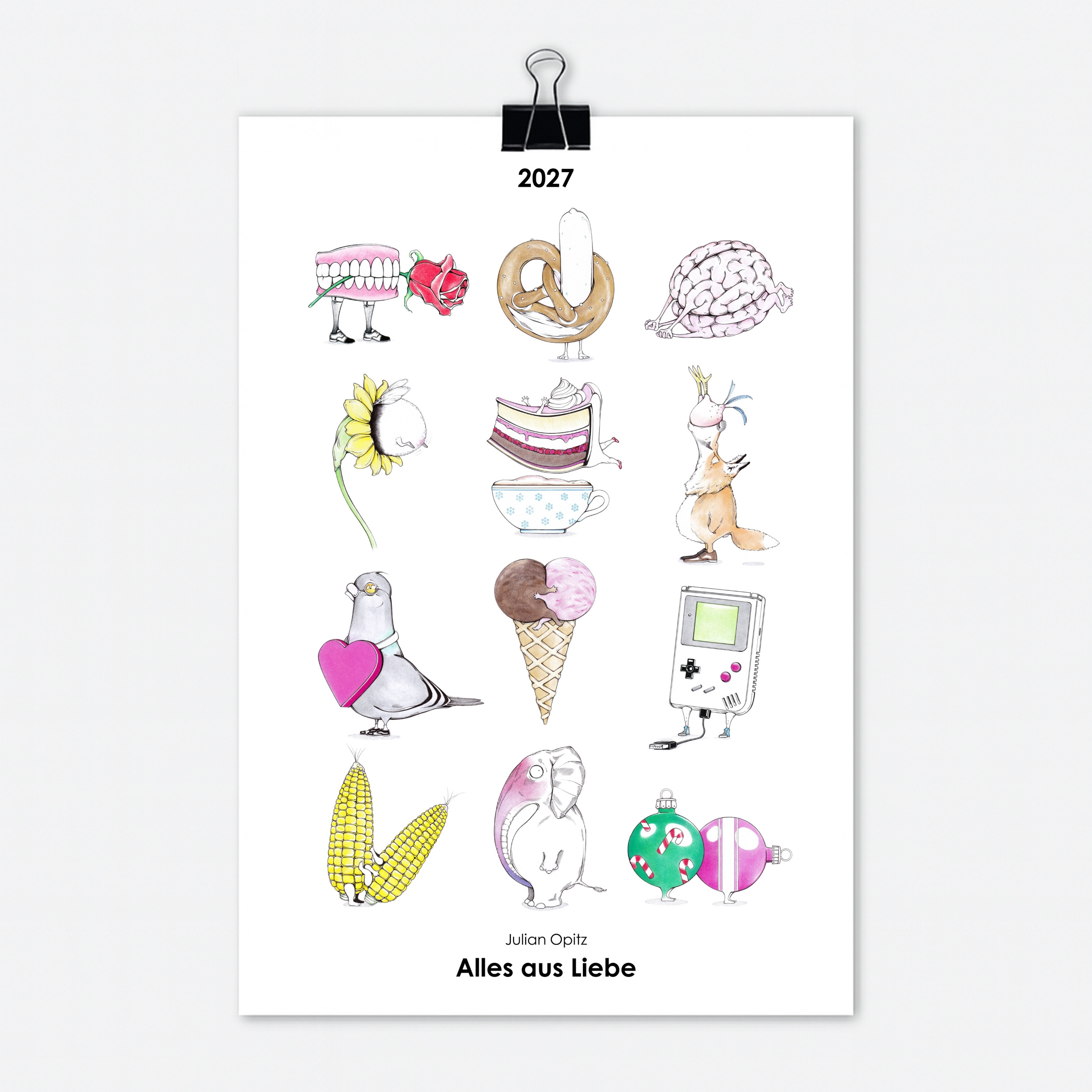 Liebes-Kalender 2027 Titelseite mit 12 witzigen Illustrationen zum Thema Liebe und Leidenschaft