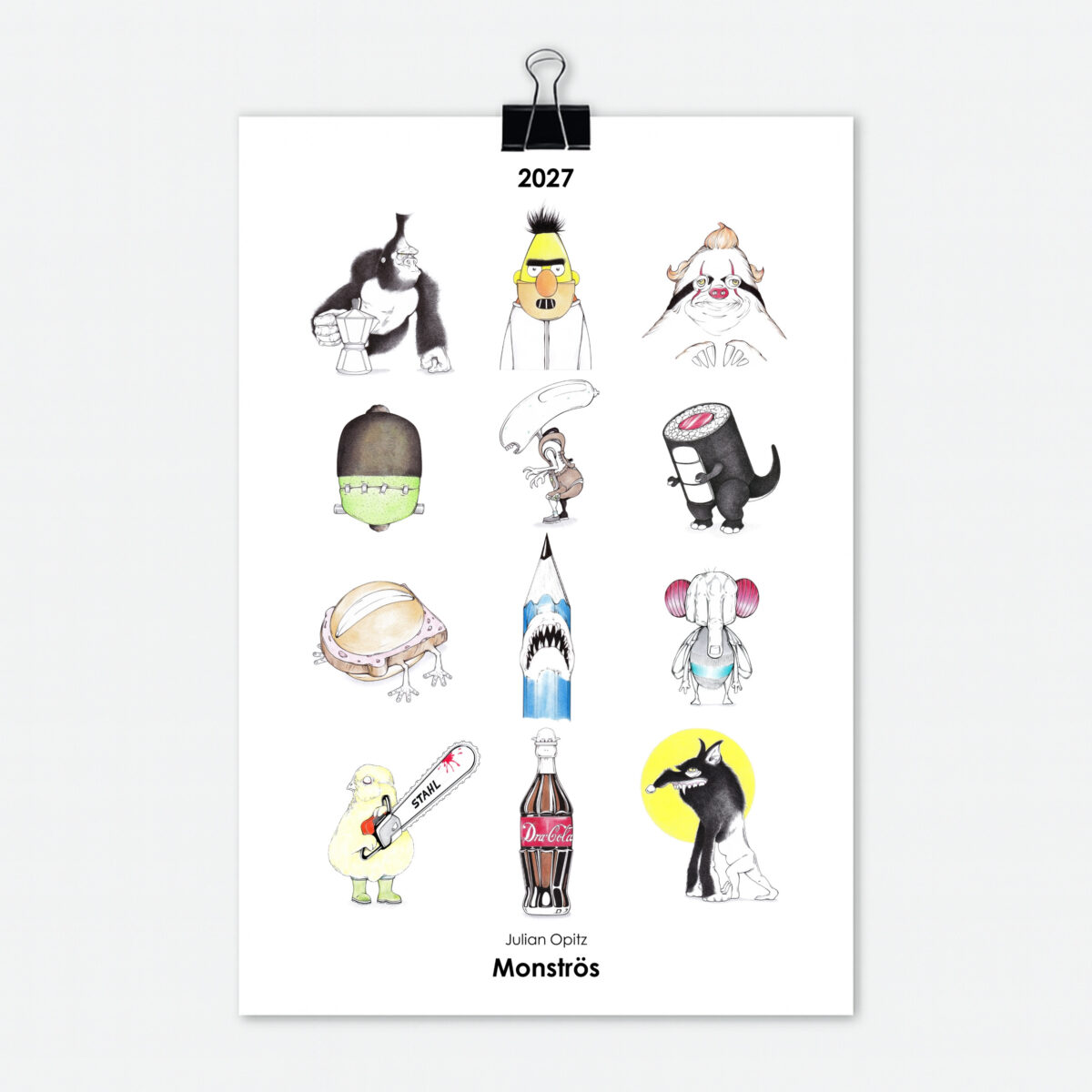Monster Kalender 2027 Titelseite mit 12 witzigen Monster Illustrationen
