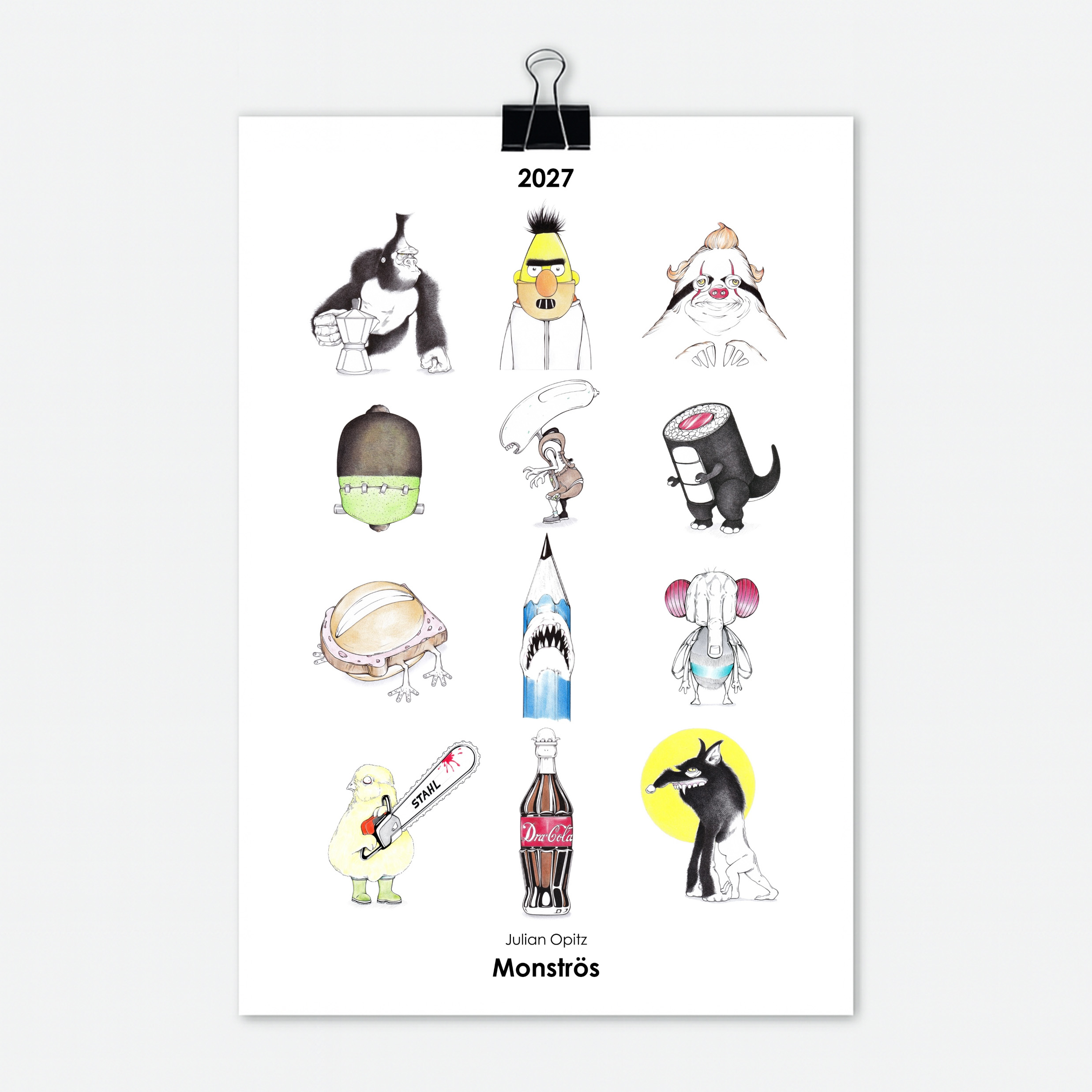 Monster Kalender 2027 Titelseite mit 12 witzigen Monster Illustrationen