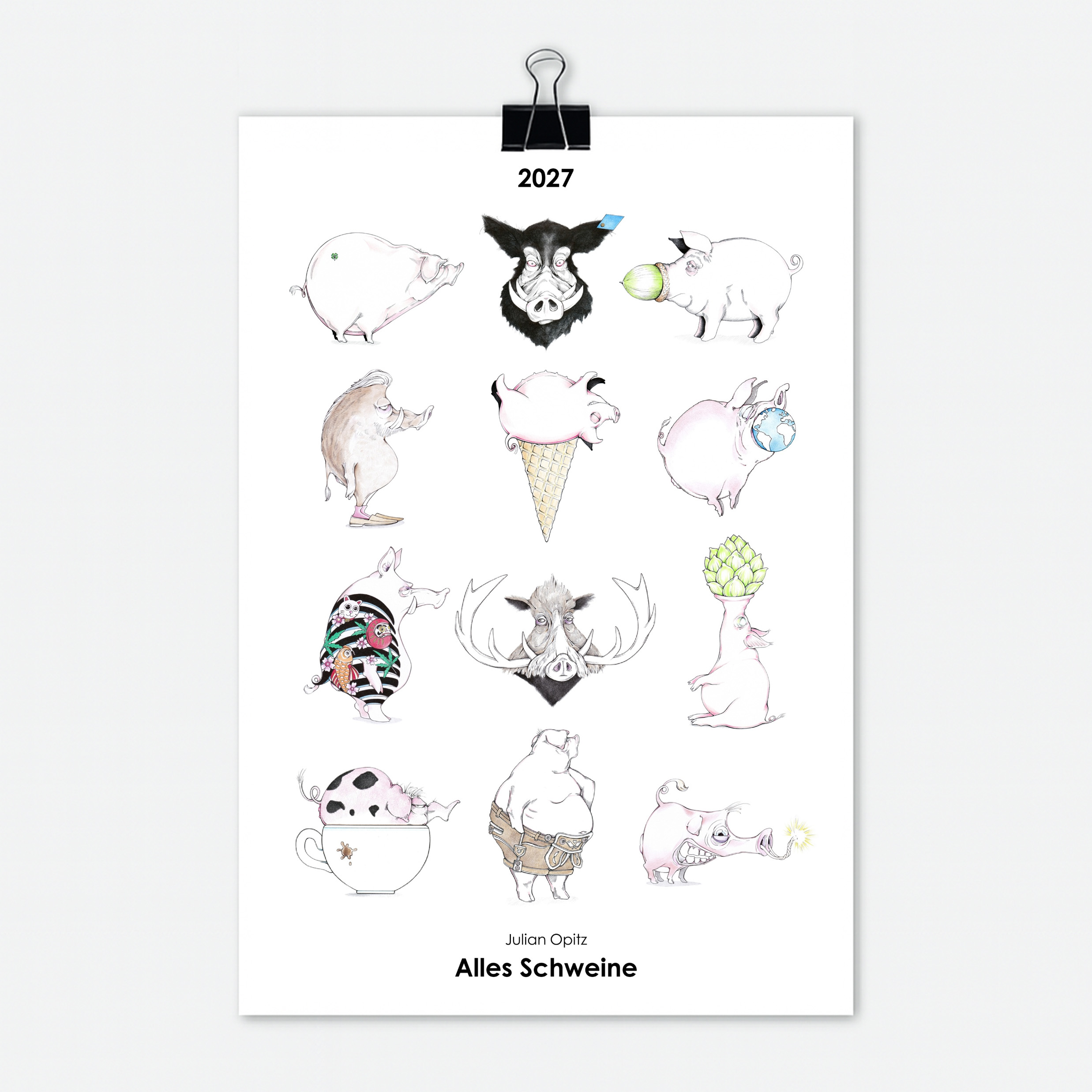 Schweine Kalender 2027 Titelseite mit 12 witzigen Schweine Illustrationen