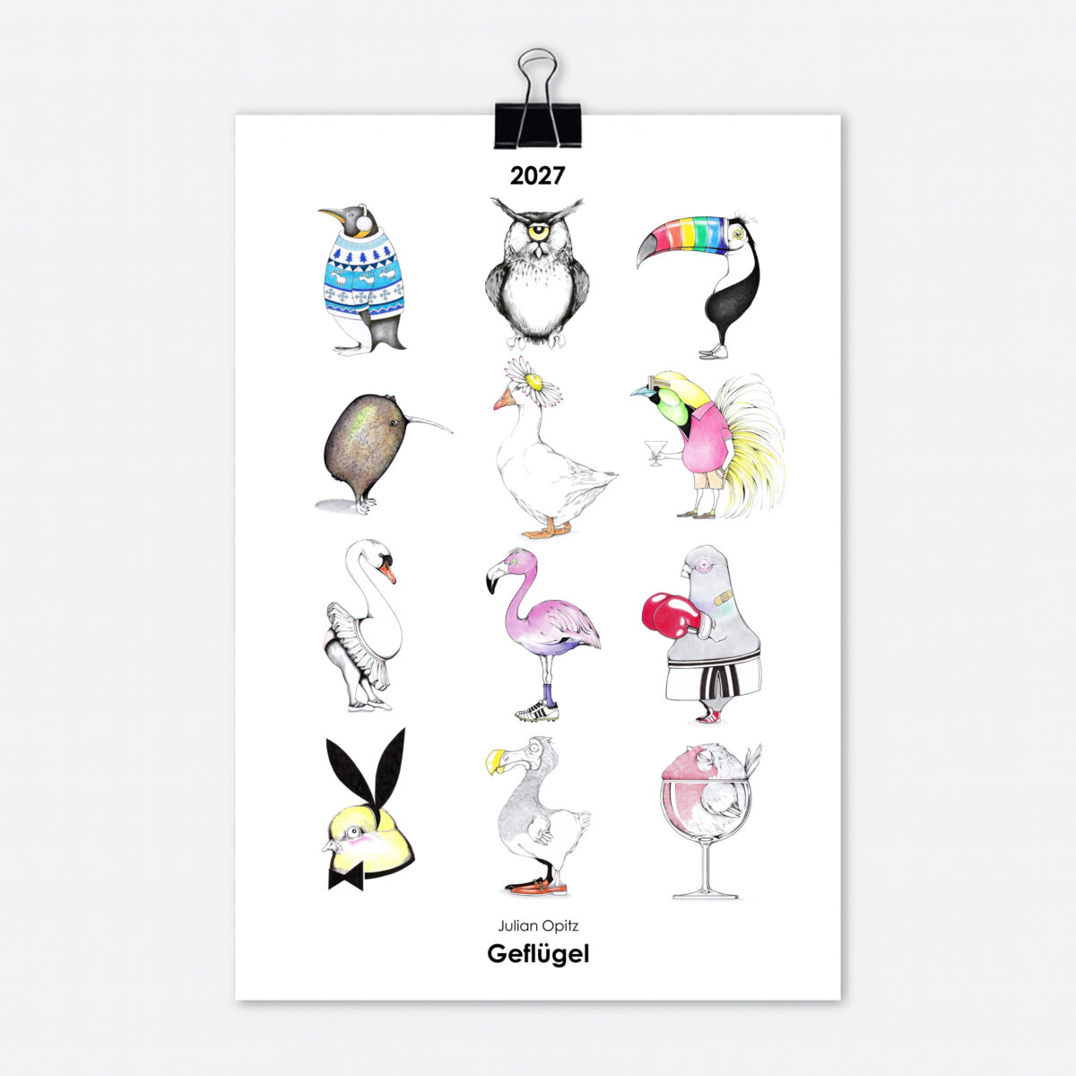 Vogel Kalender 2027 mit 12 witzigen Vogel Illustrationen