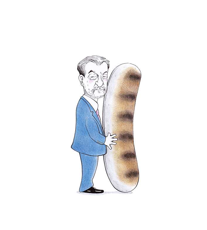 Karikatur des bayerischen Ministerpräsidenten Markus Söder. Der CSU-Politiker schmiegt sich an eine große Bratwurst. Karikatur "Der Bratwurstflüsterer" von Julian Opitz.