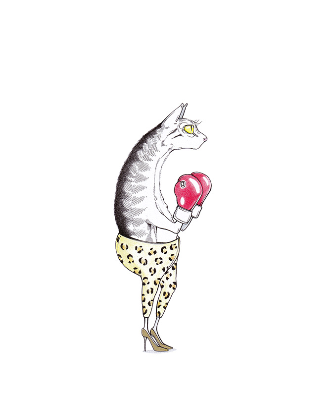Zeichnung einer Katze auf High Heels, in Leopardenleggings und mit Boxhandschuhen: "Always Up for a Catfight" von Julian Opitz.