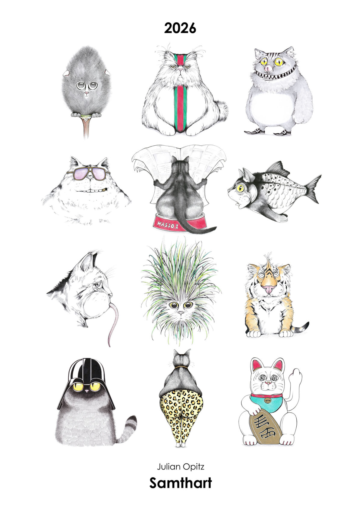 Titelseite des Katzen-Kalenders 2026 mit 12 originellen Katzen-Bildern