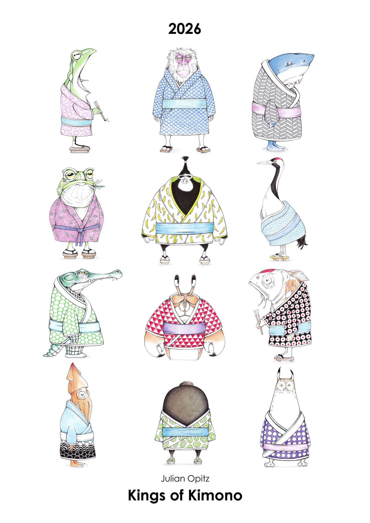 Titelseite des Kimono-Kalenders 2026 mit 12 originellen Kimono-Illustrationen