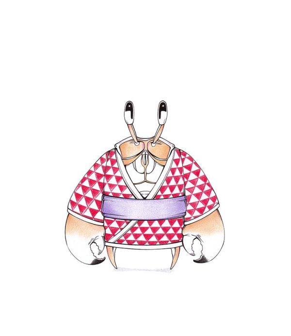 Kimono Krabbe - orange Krabbe im rot-weiß gemusterten Kimono