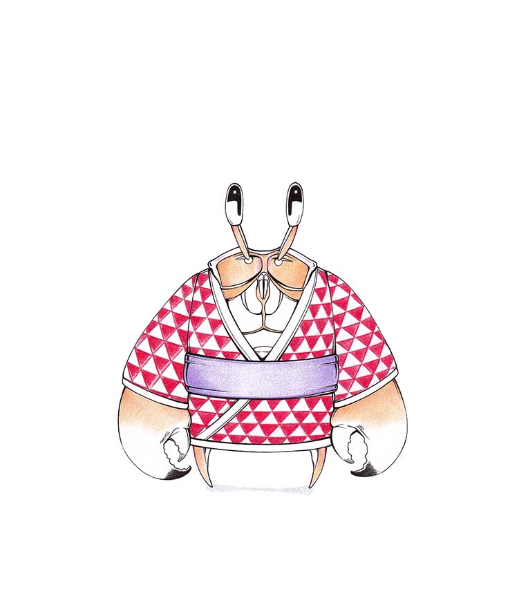 Kimono Krabbe - orange Krabbe im rot-weiß gemusterten Kimono