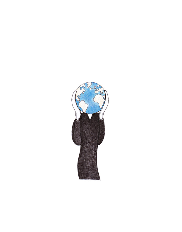Klimakleber: Eine verzweifelte schwarze Figur hält die bläuliche Erdkugel wie einen Kopf in Händen. Die Illustration "Klimakleber" von Julian Opitz zitiert Edvard Munchs "Der Schrei".