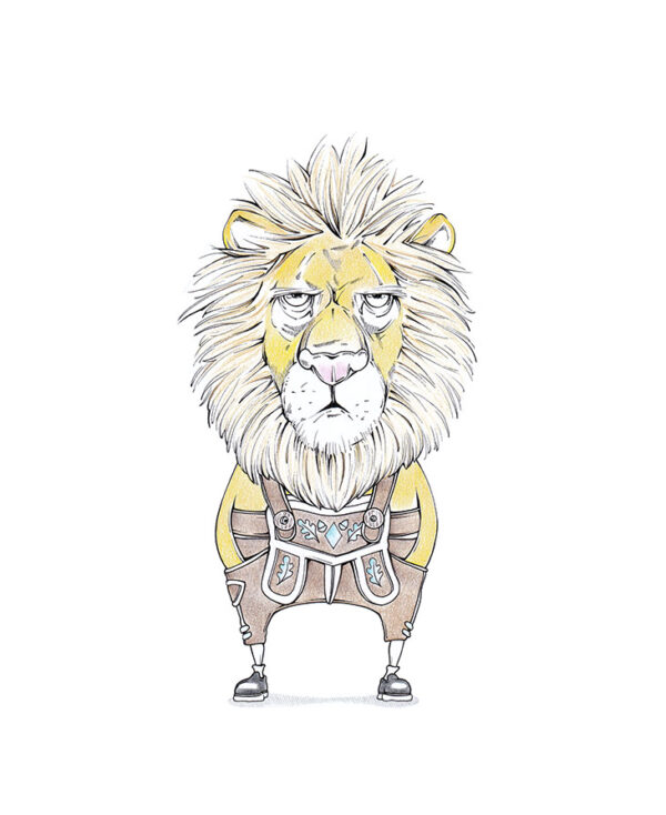 Ein grimmig dreinblickender Löwe in bayerischen Lederhosen. Illustration "Lederhosenlöwe" von Julian Opitz.