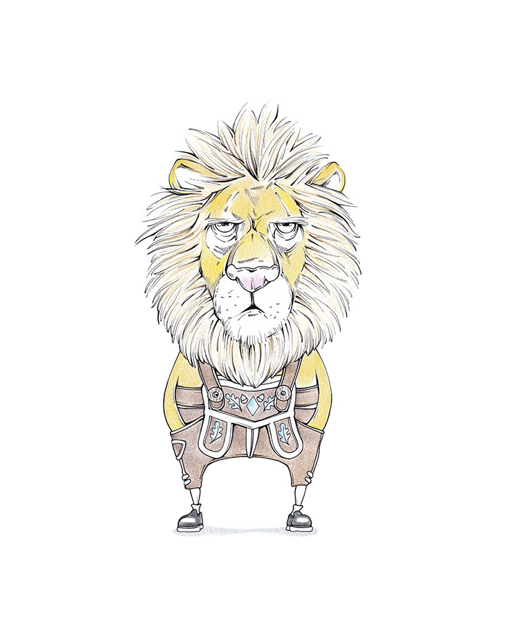 Ein grimmig dreinblickender Löwe in bayerischen Lederhosen. Illustration "Lederhosenlöwe" von Julian Opitz.