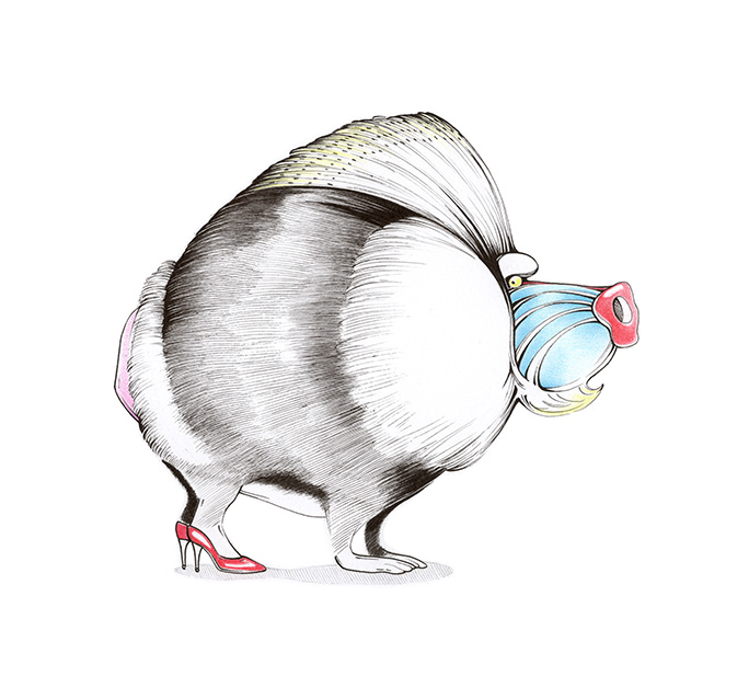 Ein Mandrill mit auftoupierter Frisur. Die Hinterbeine des Affen stecken in roten High Heels. Illustration "Keeping a Low Profile" von Julian Opitz.