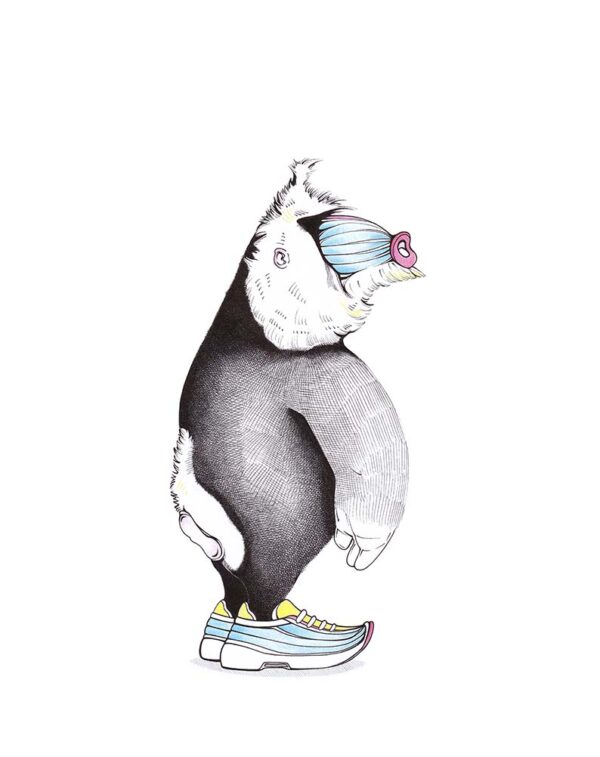 Zeichnung eines Mandrill mit bunter Schnauze. Der Affe steht auf den Hinterbeinen. Seine Füße stecken in großen Turnschuhen, die an seine Schnauze erinnern. Illustration "Starkes Profil" von Julian Opitz.