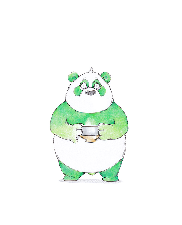 Zeichnung eines grün-weißen Pandas auf den Hinterbeinen. Der Bär hält eine dampfende Schale Matcha Tee in den Händen und macht große Augen. Illustration "Matcha Panda" von Julian Opitz.