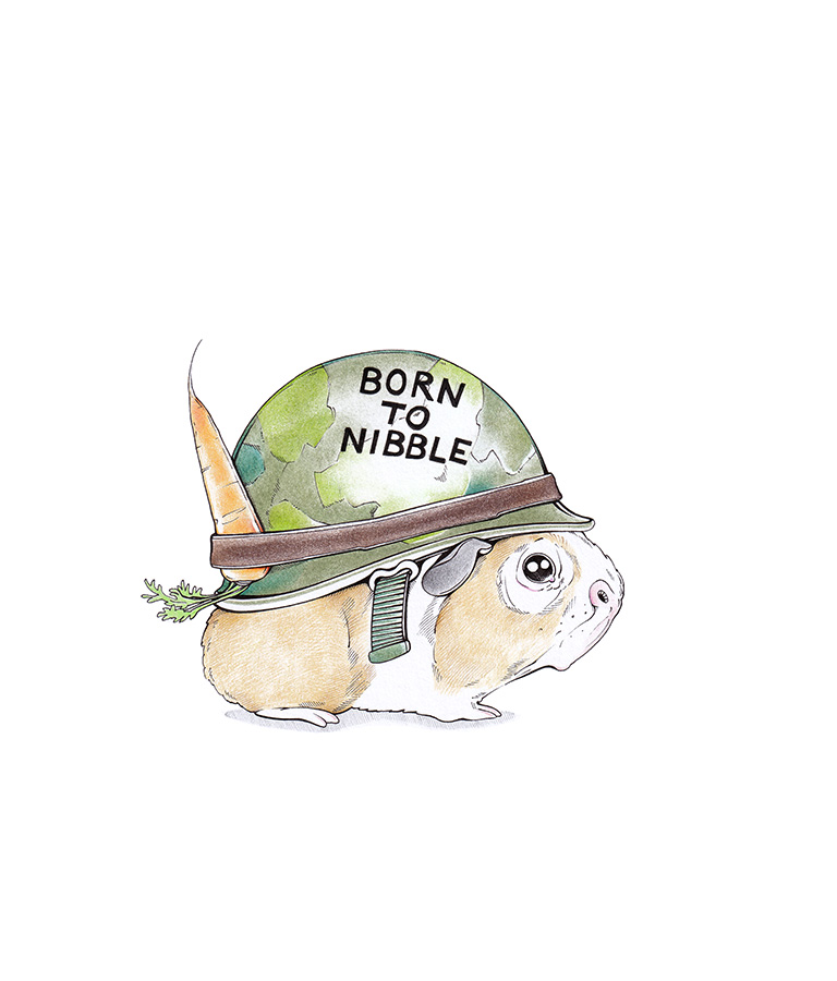Zeichnung eines ängstlich dreinblickenden Meerschweinchens mit Soldatenhelm. Illustration "It’s a Jungle Out There" von Julian Opitz.