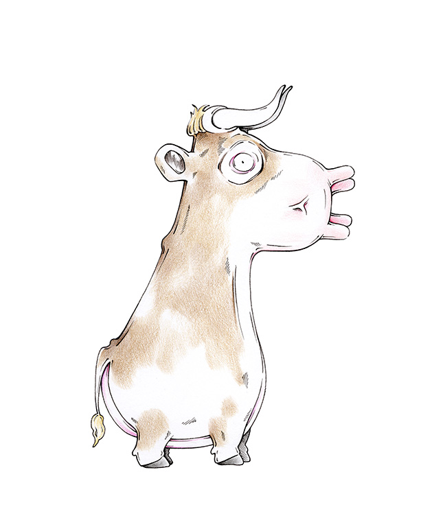 Eine kompakt gestauchte Kuh mit einem Euter an Stelle der Schnauze. Illustration "Milchgesicht" von Julian Opitz.