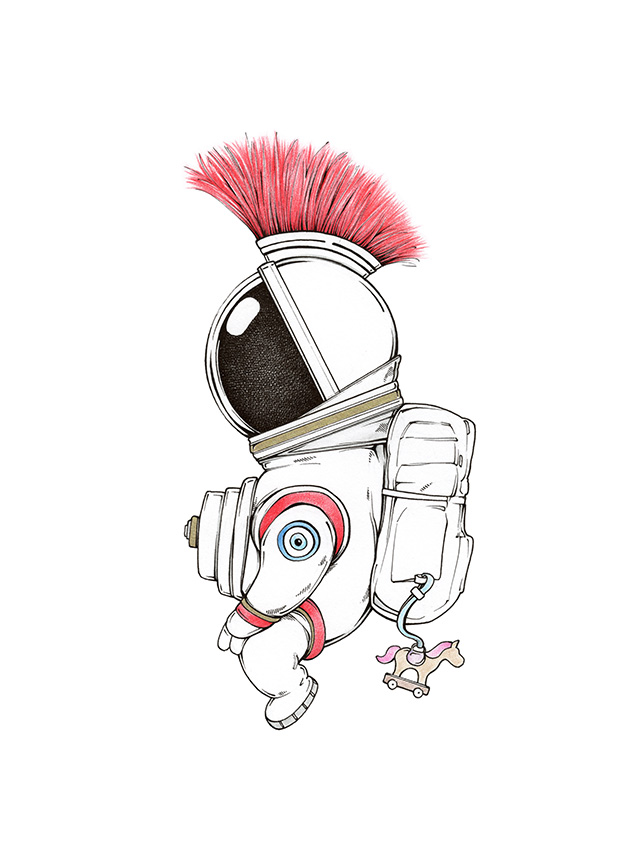 Zeichnung eines kleinen Odysseus im Raumanzug. Sein Helm hat einen roten Federbusch und an seinem Rucksack ist ein kleines trojanisches Holzpferdchen befestigt. Illustration "My Little Space Odyssey" von Julian Opitz.