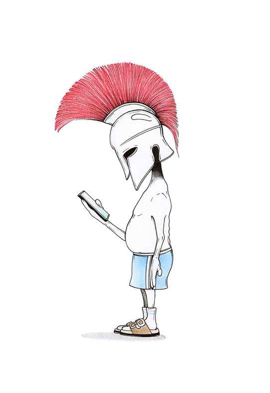 Ein kleiner dickbäuchiger Odysseus mit griechischem Helm und Birkenstock-Latschen starrt gebannt in sein Smartphone. Illustration "Odysseus Navigating Home" von Julian Opitz.