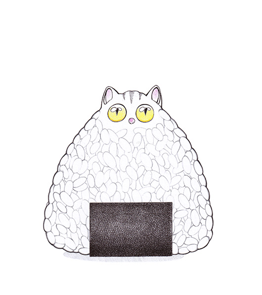 Zeichnung eines japanischen Onigiri Reisbällchens. Der Knödel hat die Augen und Ohren einer süßen kleinen Katze. Illustration "Onigiri Cat" von Julian Opitz.