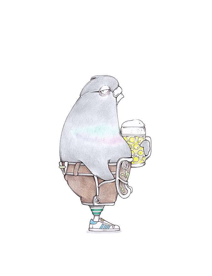 Zeichnung einer Taube mit bayerischen Lederhosen und Masskrug unterm Flügel. Oktoberfest-Illustration "Ordinäre Wiesntaube" von Julian Opitz.