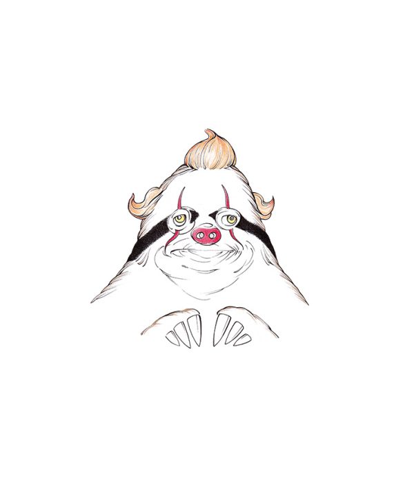 Faultier mit der Gesichtsbemalung des Horrorclowns Pennywise aus Stevn Kings "Es". Illustration "faul und böse" von Julian Opitz.