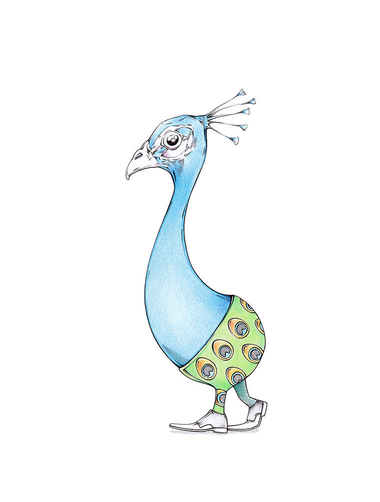 Ein blauer Pfau in extravaganten Hosen mit grün-orangenem Pfauenfeder-Muster. Illustration"My Posh Peacock Pants" von Julian Opitz.