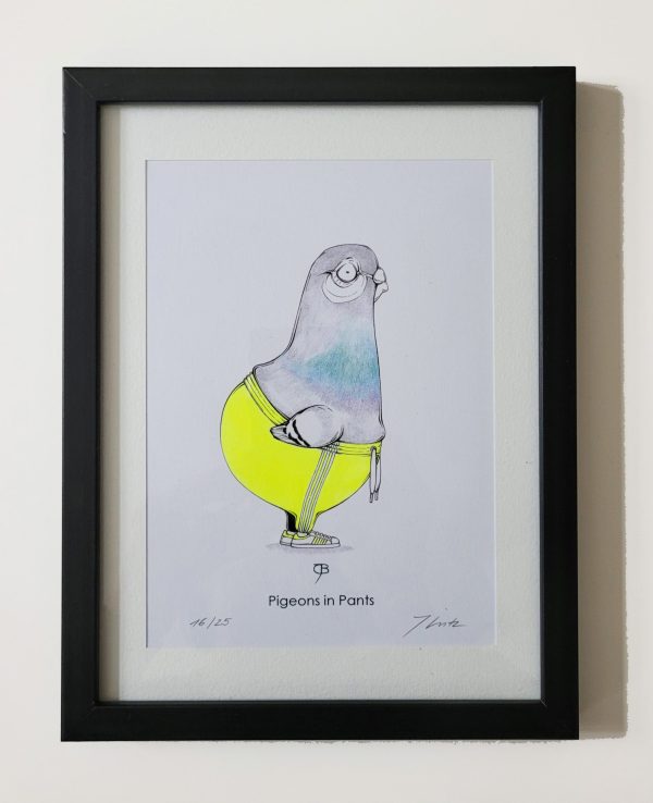 Handkolorierter Kunstdruck "Pigeon in Pants" - neongelb