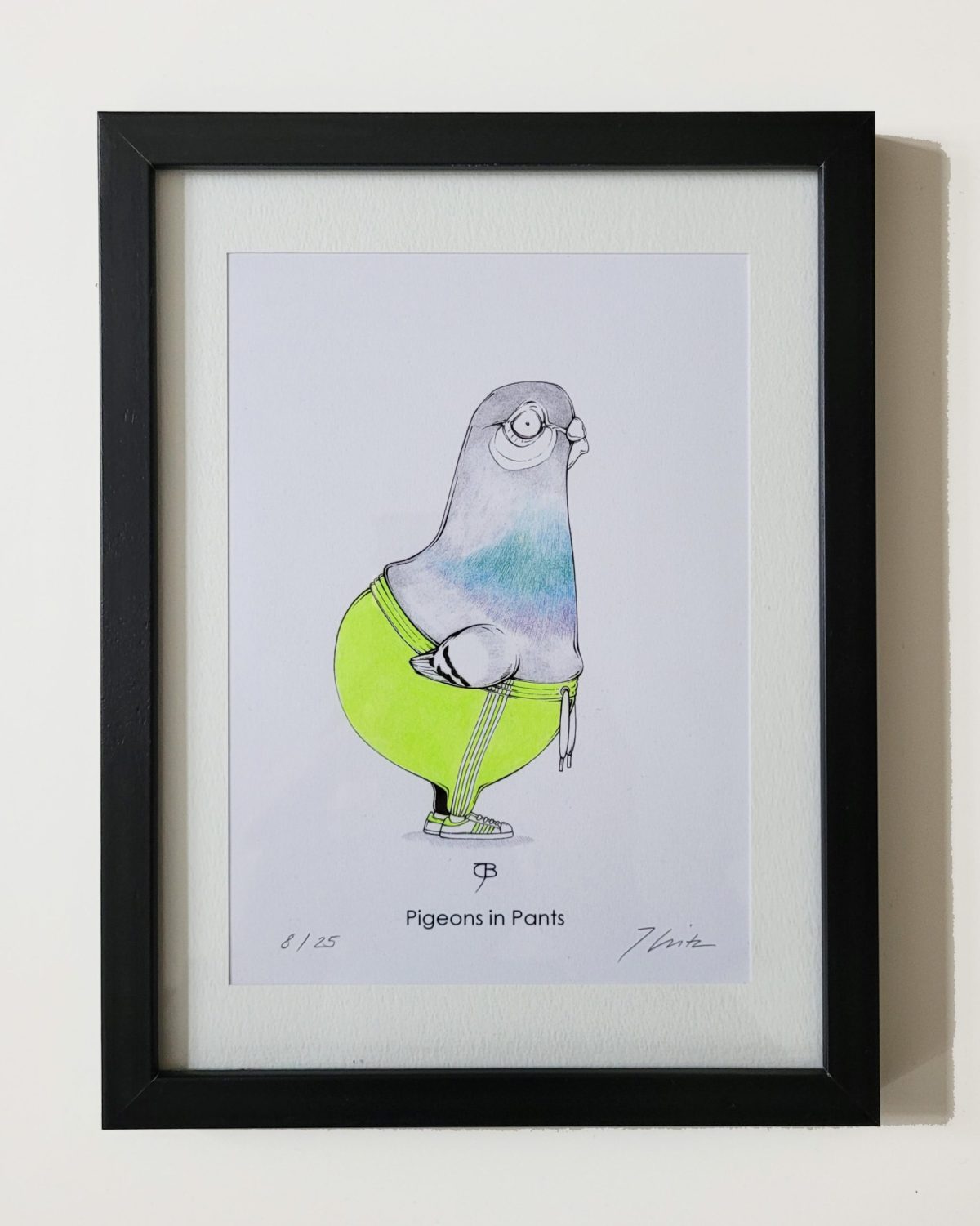 Handkolorierter Kunstdruck "Pigeon in Pants" - neongrün