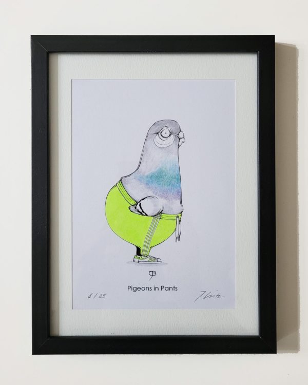 Handkolorierter Kunstdruck "Pigeon in Pants" - neongrün