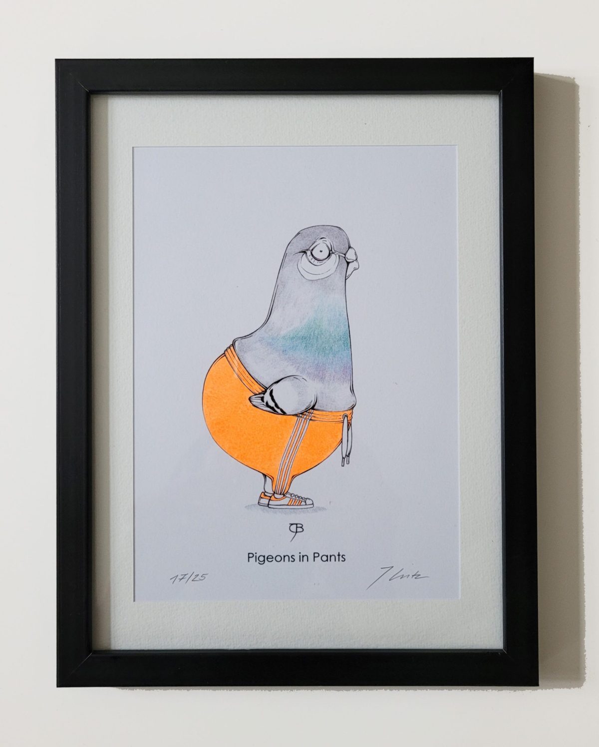 Handkolorierter Kunstdruck "Pigeon in Pants" - neonorange