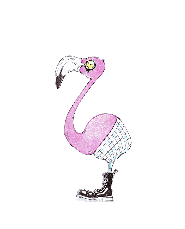 Zeichnung eines pinken Flamingos in Karo-Hosen und Punker-Stiefeln. Der Vogel hat schwarzen Kajal um die Augen und guckt bedrohlich. Illustration "Pink Punk" von Julian Opitz.