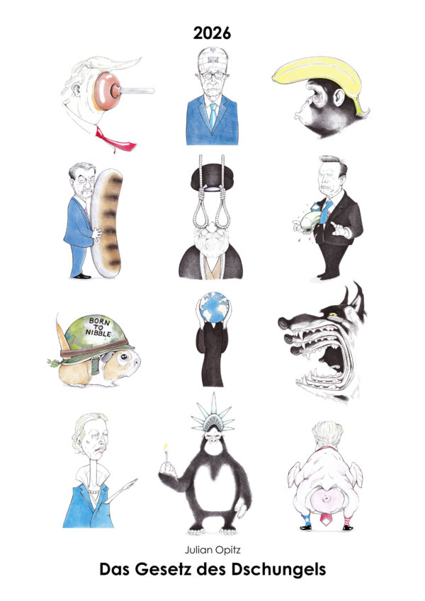 Titelseite des Politik-Kalenders 2026 mit 12 politischen Karikaturen zum Zeitgeschehen