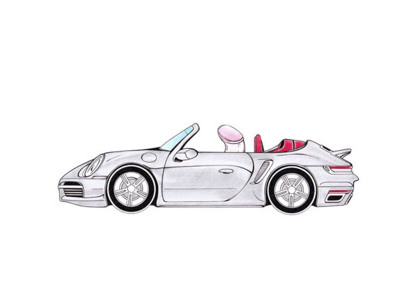 Ein kleiner Pimmel sitzt am Steuer eines Porsche Cabriots. Karikatur "Porsche Pimmel" von Julian Opitz.