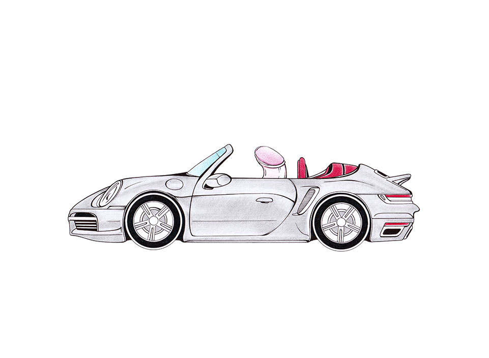 Ein kleiner Pimmel sitzt am Steuer eines Porsche Cabriots. Karikatur "Porsche Pimmel" von Julian Opitz.