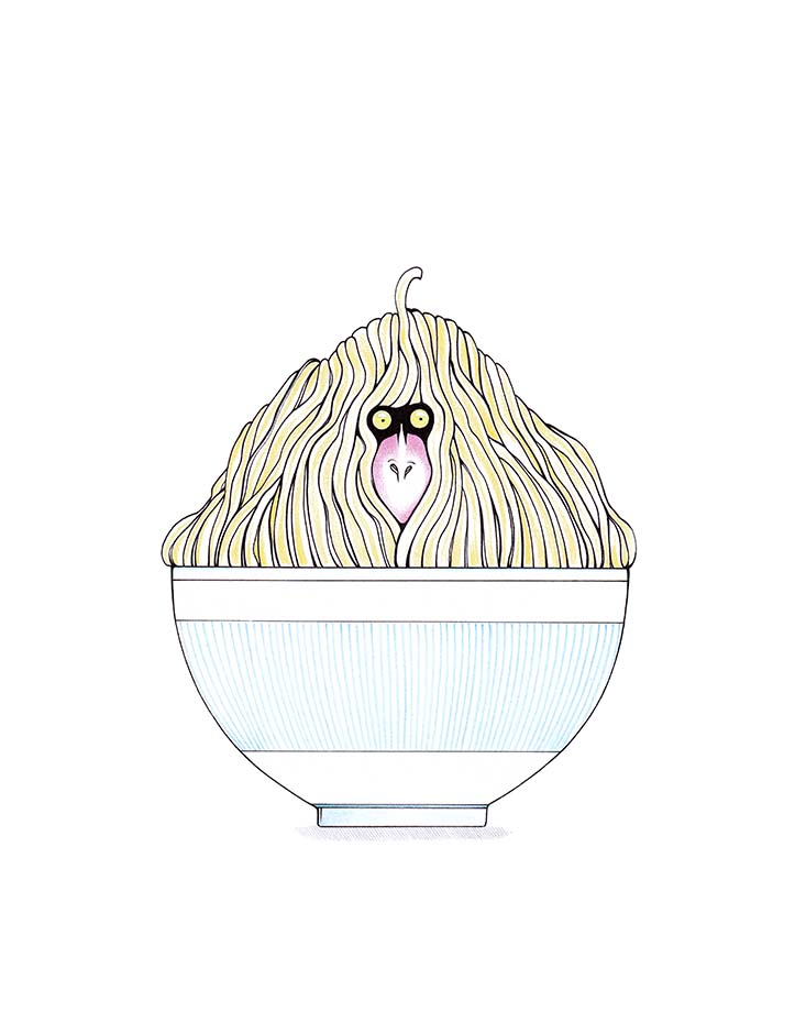 Ramen-Illustration: Goldgelber Ramengott.