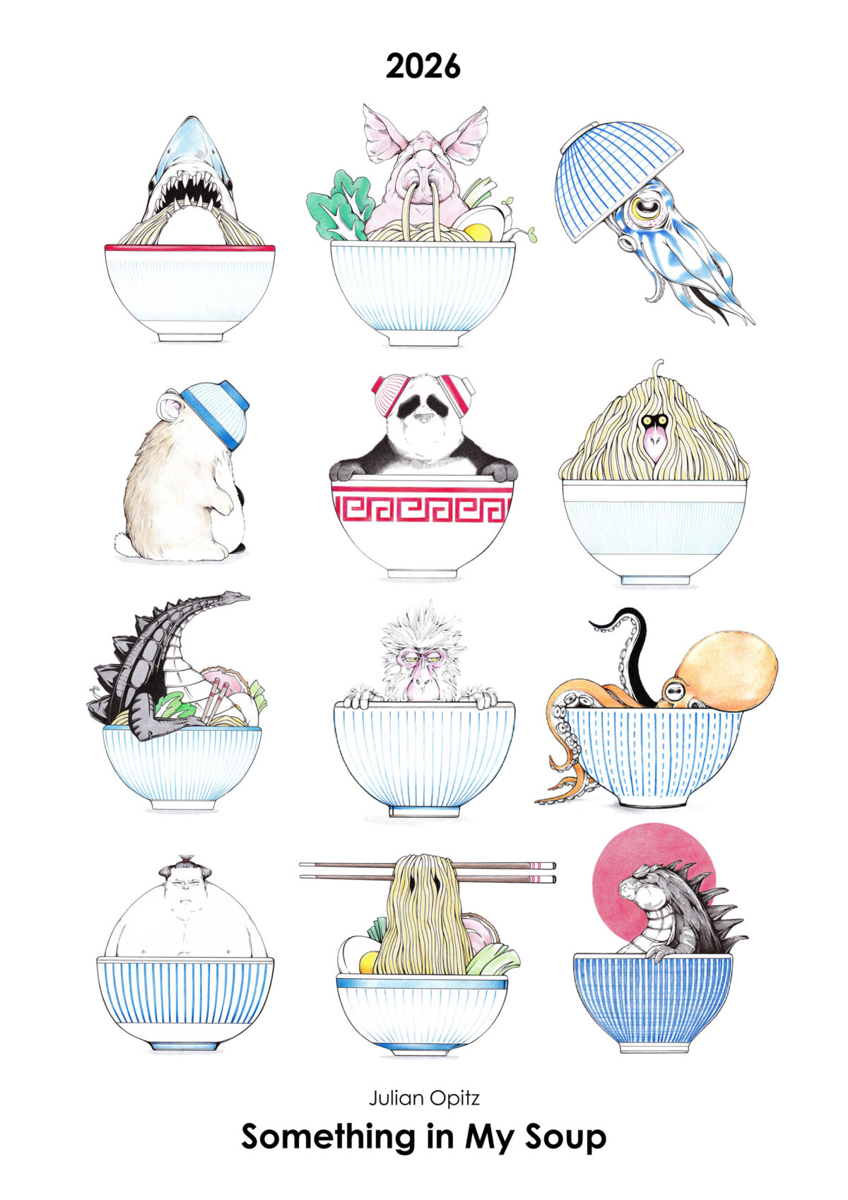 Titelseite des Ramen-Kalenders 2026 mit 12 japanischen Ramen-Illustrationen