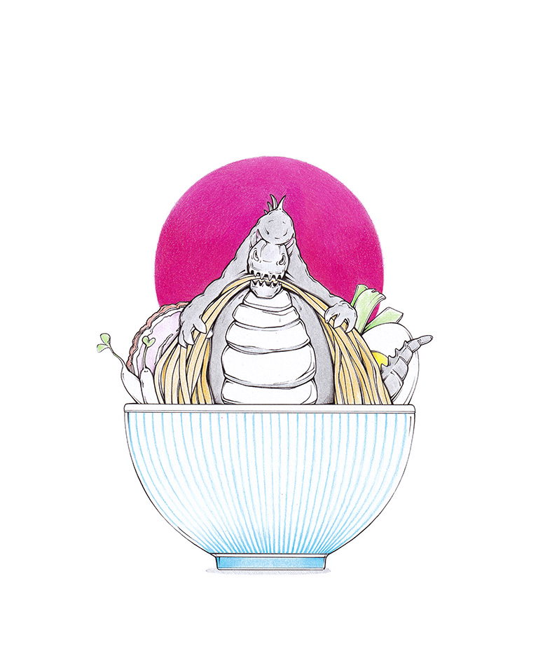 Godzilla wütet in einer Schale japanischer Ramen-Nudeln. Illustration "Ramen Rage" von Julian Opitz.
