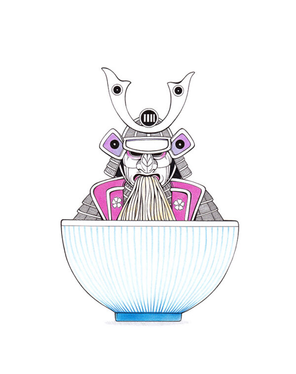 Illustration eines japanischen Samurai. Der Krieger sitzt in einer Ramen-Schale und hat den Schlund voller Nudeln. Zeichnung "Ramurai" von Julian Opitz.