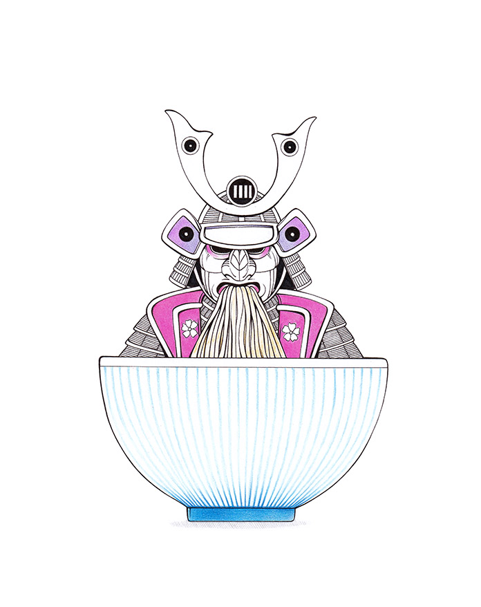 Illustration eines japanischen Samurai. Der Krieger sitzt in einer Ramen-Schale und hat den Schlund voller Nudeln. Zeichnung "Ramurai" von Julian Opitz.
