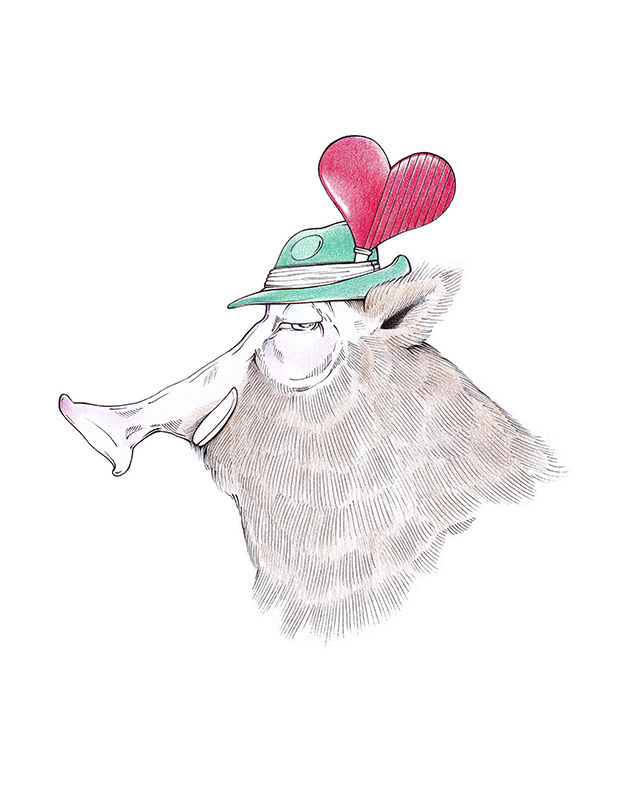 Zeichnung eines Wildschweins. Das borstige Tier trägt einen Trachtenhut mit großem aufgepflanztem Schafkopf-Herz. Schweine-Illustration "Charmanter Saukerl" von Julian Opitz.