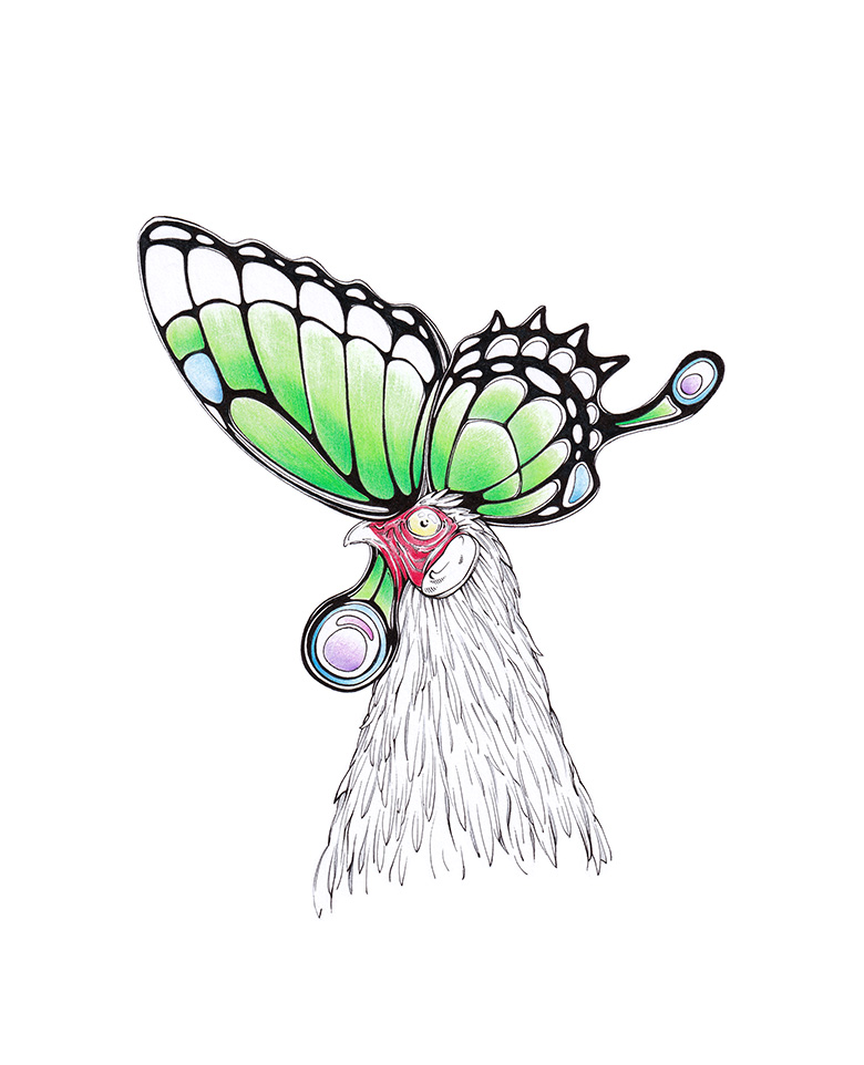 Zeichnung eines Hahns. Anstelle eines Hahnenkamms trägt der Vogel einen filigranen, leuchtend grünen Schmetterlingsflügel auf dem Kopf. Illustration "Schmucker Hahn" von Julian Opitz.