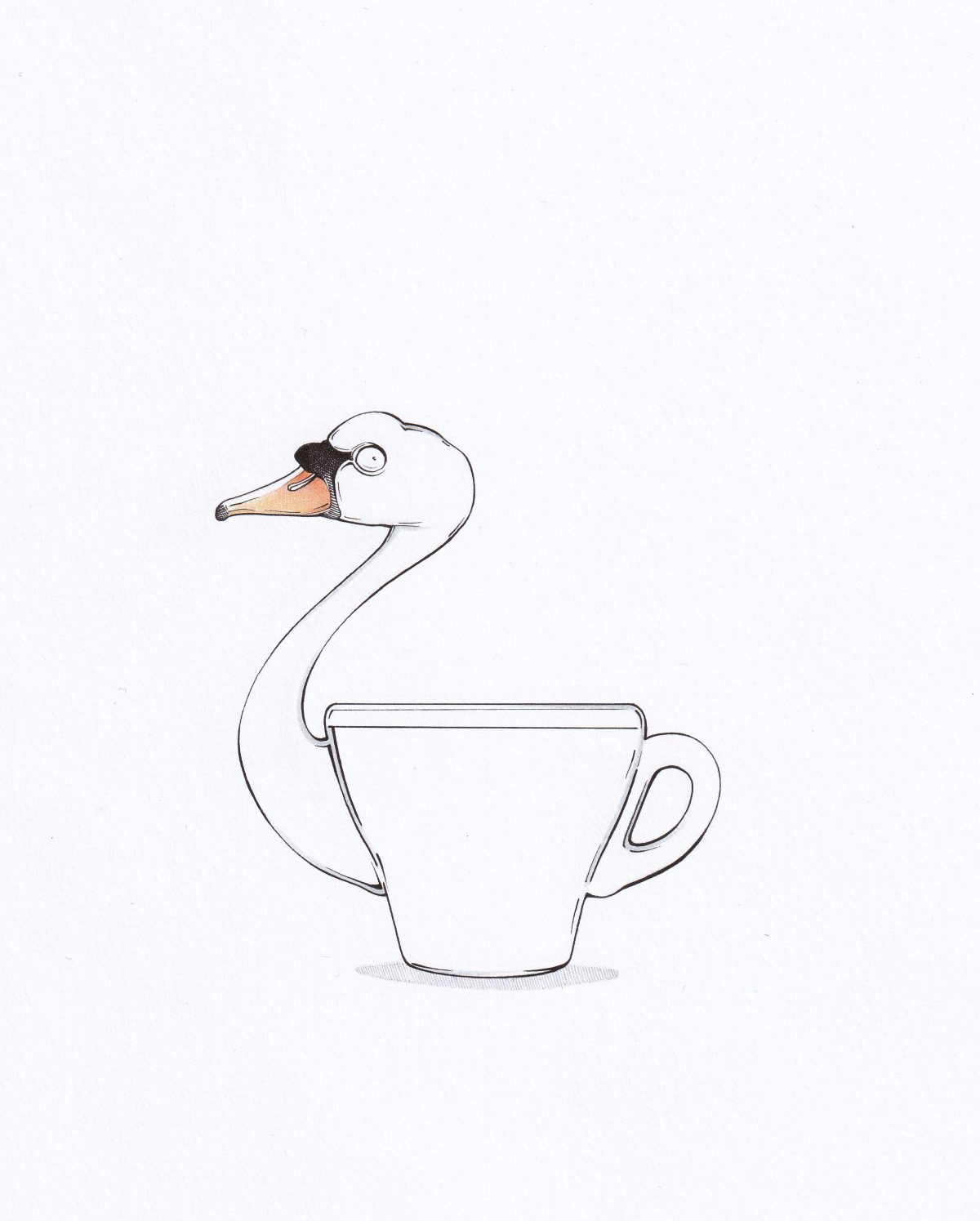 Schwarzer Schwan: Zeichnung eines Espresso-Tässchens mit zierlichem Schwanenkopf. Illustration "Schwarzer Schwan" von Julian Opitz.
