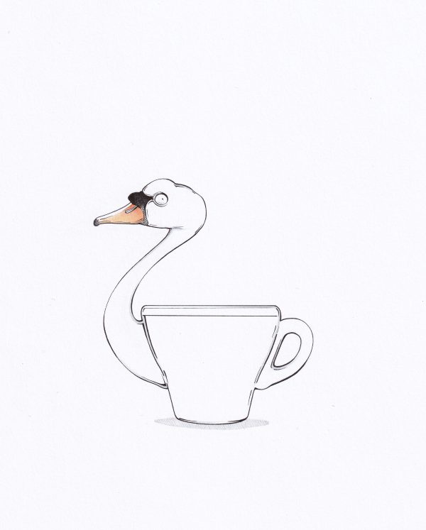 Schwarzer Schwan: Zeichnung eines Espresso-Tässchens mit zierlichem Schwanenkopf. Illustration "Schwarzer Schwan" von Julian Opitz.