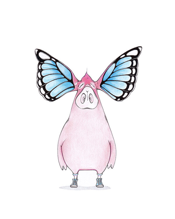 Zeichnung eines rosa Schweins auf zwei Beinen. Anstelle der Ohren entfalten sich zwei gewaltige blaue Schmetterlingsflügel um den Kopf des Tieres. Illustration "Simply Beautiful" von Julian Opitz.