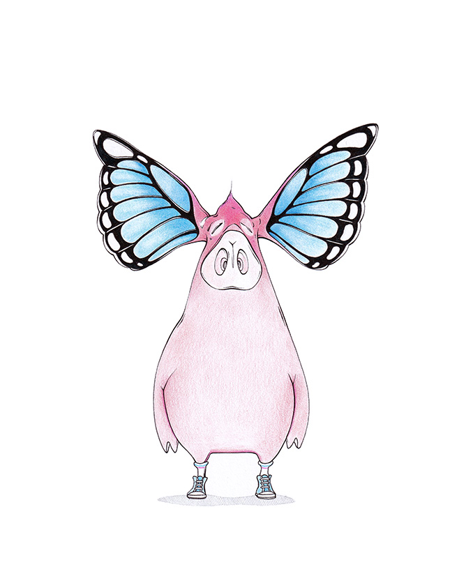 Zeichnung eines rosa Schweins auf zwei Beinen. Anstelle der Ohren entfalten sich zwei gewaltige blaue Schmetterlingsflügel um den Kopf des Tieres. Illustration "Simply Beautiful" von Julian Opitz.