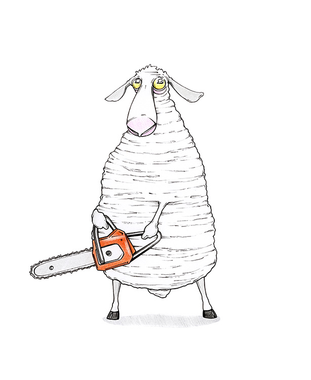 Ein Schaf steht auf den Hinterläufen. Es macht große Augen und hält eine Motorsäge in den Händen. Illustration "Stahlwolle" von Julian Opitz.