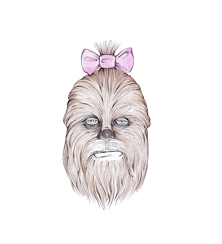 Illustration des Star Wars Charakters Chewbacca. Der Wookiee trägt ein niedliches rosa Schleifchen im Haar. Zeichnung "Chewie" von Julian Opitz.