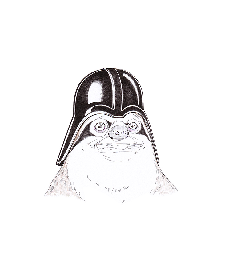 Zeichnung eines Faultiers mit Darth Vader Helm. Star Wars Illustration "Böses Faul" von Julian Opitz.