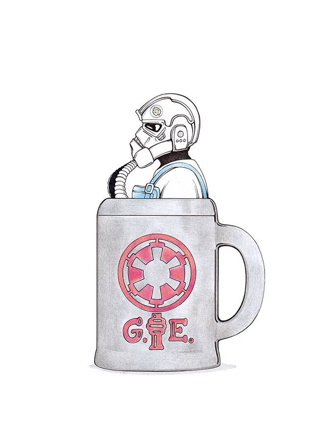 Zeichnung eines imperialen Piloten im Stein-Bierkrug. Star Wars Illustration "Imperialer Bierfahrer" von Julian Opitz.