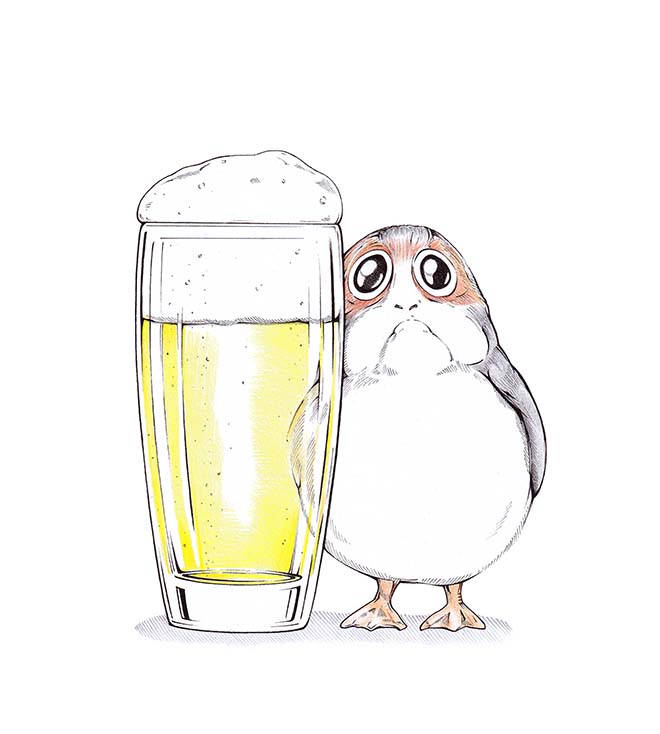 Star Wars Porg neben einem Glas Bier