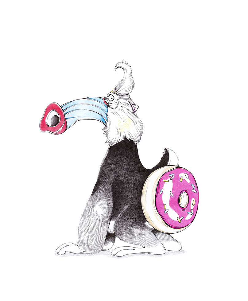Sugar Dandy: Herausgeputzter Mandrill-Affe mit Hochfrisur, bunter Schnauze und einem pink glasierten Donut anstelle des Hinterteils. Illustration "Sugar Dandy" von Julian Opitz.